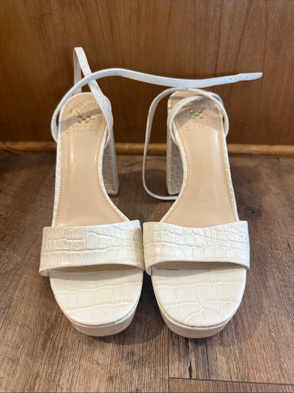 Vince Camuto Women's White Croc-Embossed Ankle-Strap Block Heel Sandals